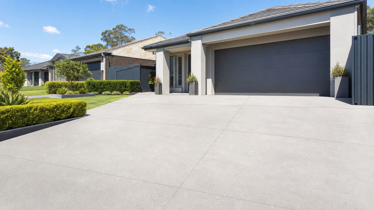 A modern suburban house with a clean, light-colored concrete driveway and manicured garden in the foreground.