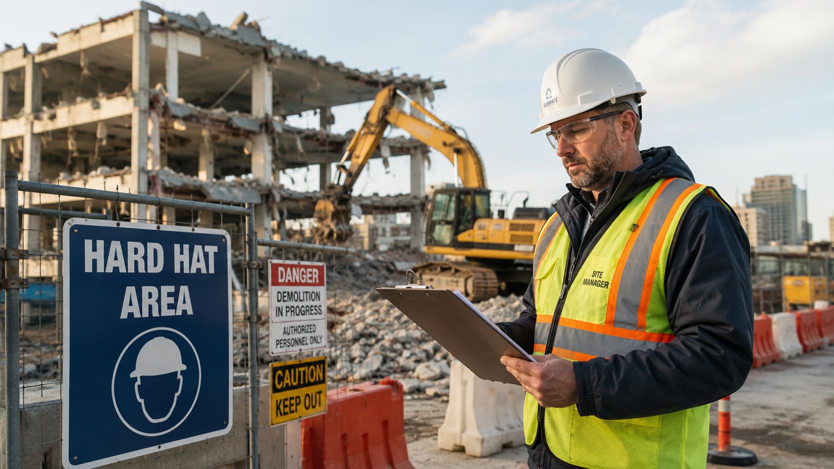 A site manager wearing a hard hat and safety vest reviewing documents at a demolition construction site.