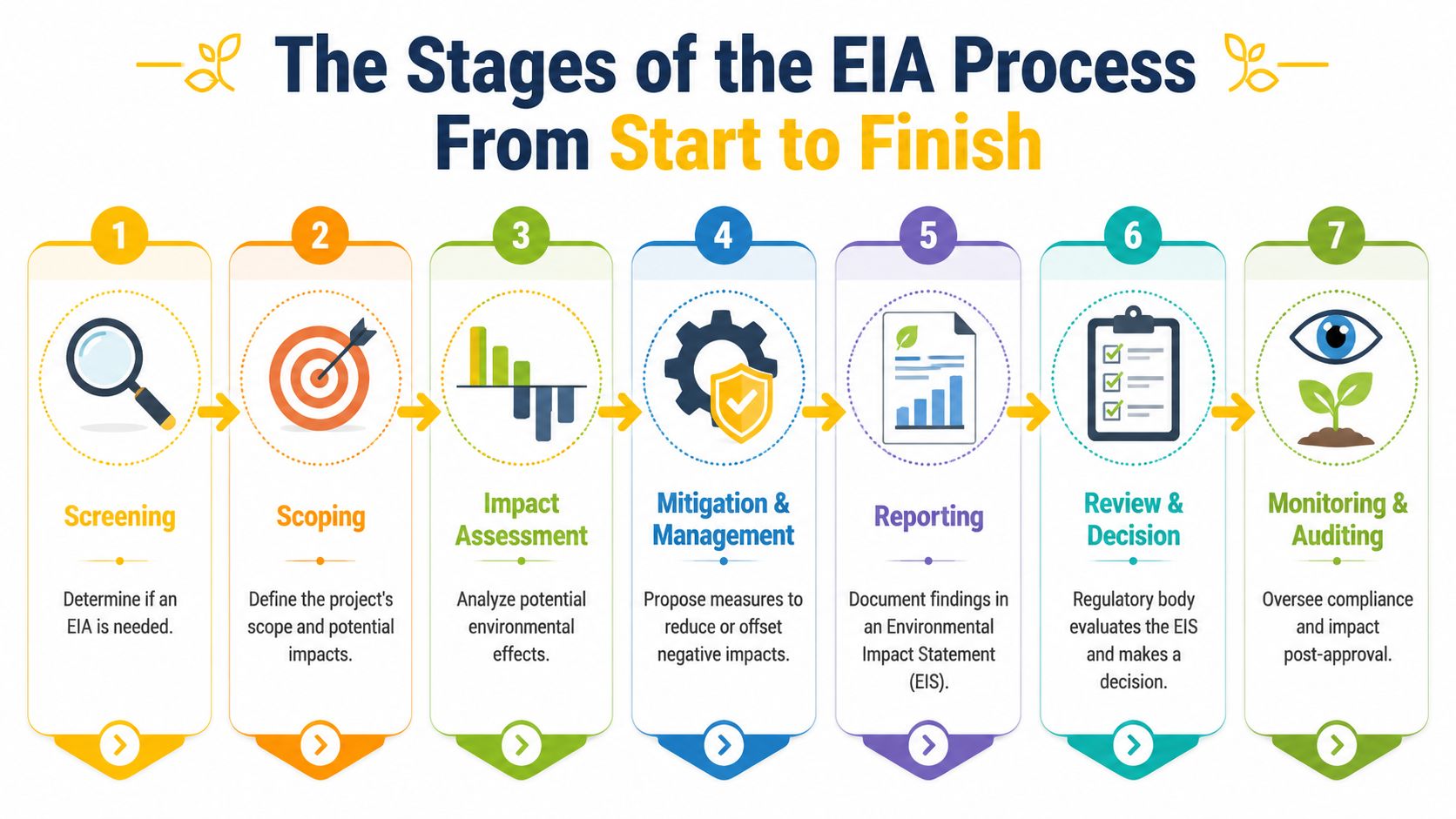A flowchart infographic titled The Stages of the EIA Process, illustrating seven steps from screening to monitoring.